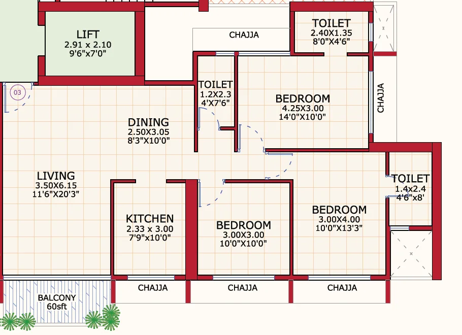 3 bhk floor plan juhi empressa
